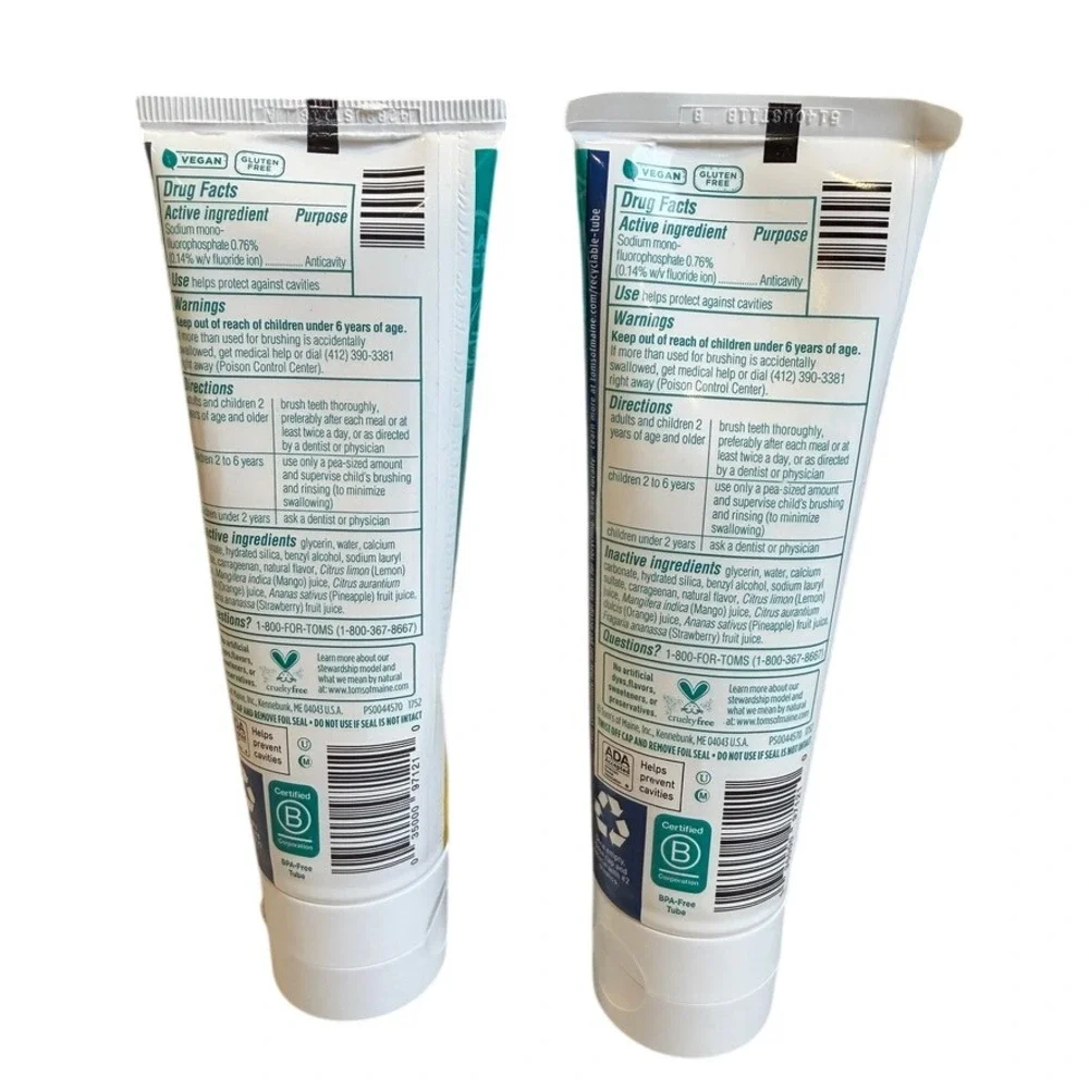 Toms Kids Natural Fluoride Toothpaste 5.1oz Orange Mango‎ Flavor 2pk Anticavity